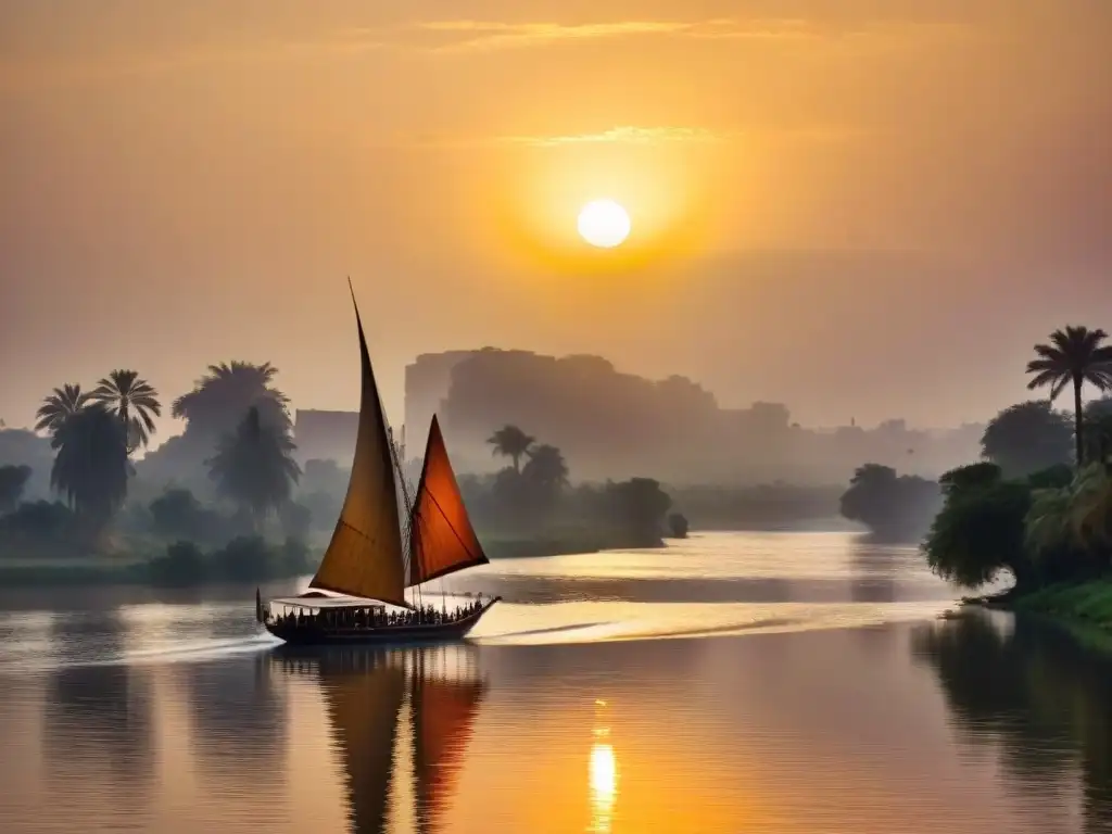 La mágica influencia del poder curativo del Nilo al atardecer, reflejando colores dorados y serenidad en barcas tradicionales