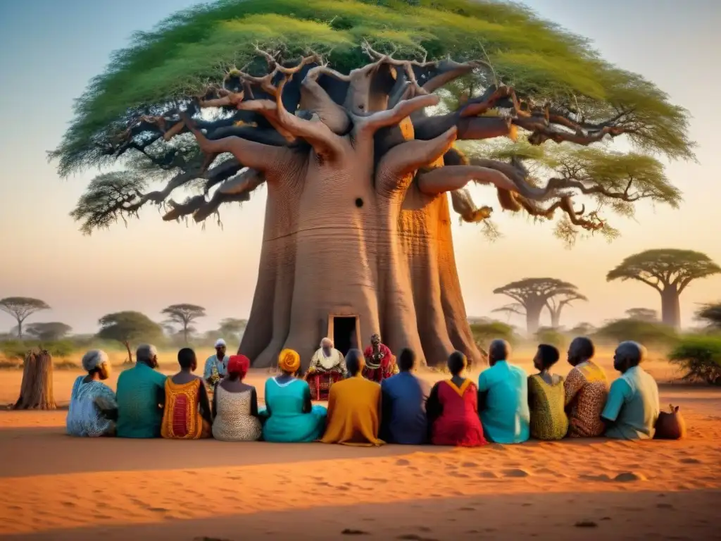 Un mágico atardecer africano donde ancianos y niños comparten enseñanzas a través de cuentos y mitos africanos bajo un baobab centenario