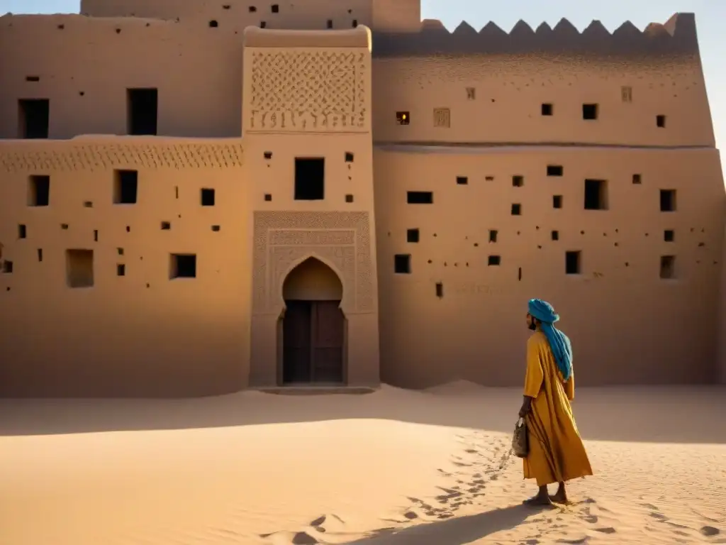 Un mágico atardecer en el legendario Centro de Aprendizaje de Timbuktu, con antiguas paredes de barro y caligrafía árabe