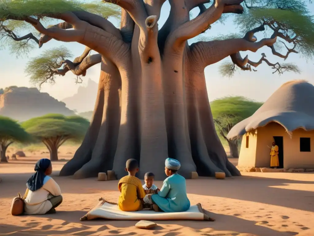 Un mágico momento educativo en imperios sahelianos: niños aprendiendo bajo un baobab centenario