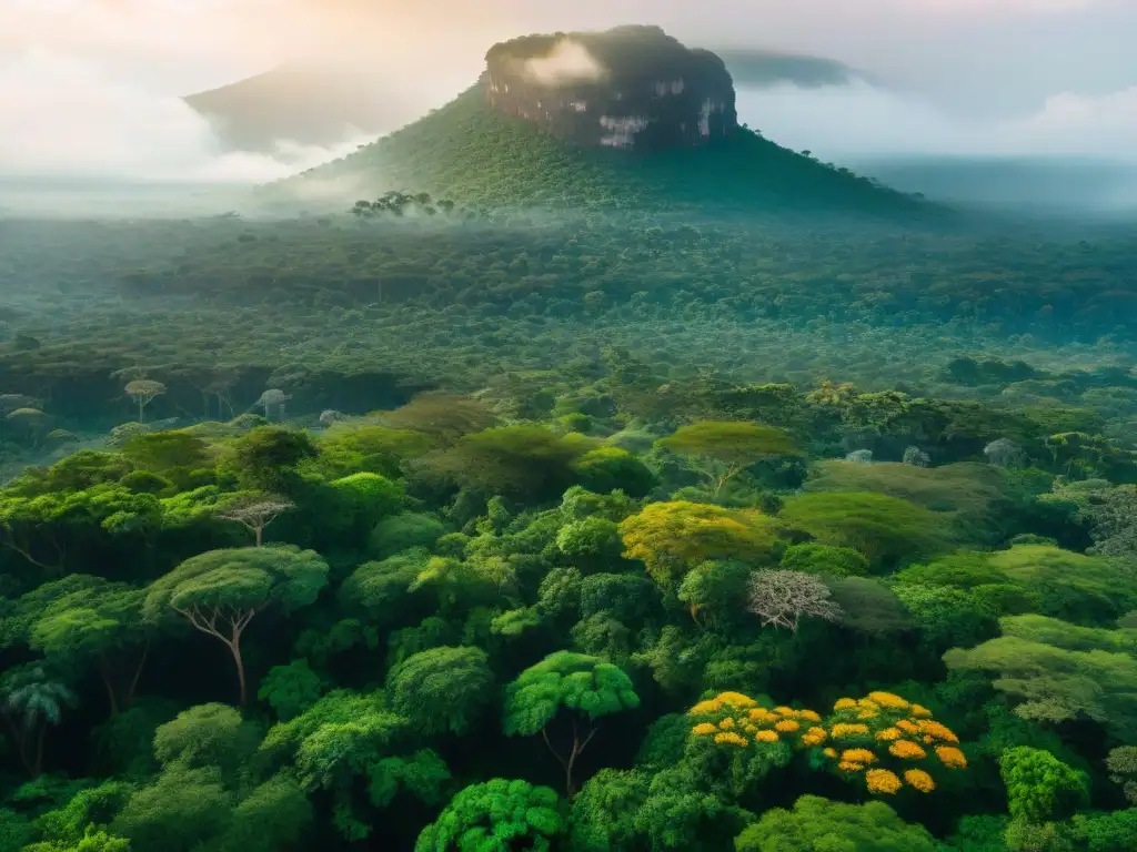 Un mágico paisaje de la densa selva africana, con vida vibrante y rayos dorados entre las hojas