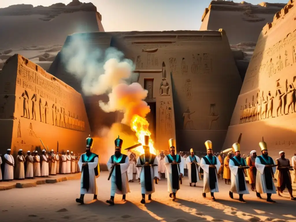 Magno ritual en Egipto al atardecer, con sacerdotes y seguidores hacia un templo iluminado por antorchas