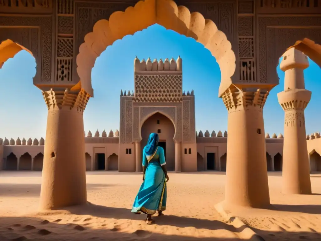 La majestuosa arquitectura de barro de la Gran Mezquita de Djenné en Mali, con sus muros altos, vigas de madera y puertas arqueadas bajo un cielo azul