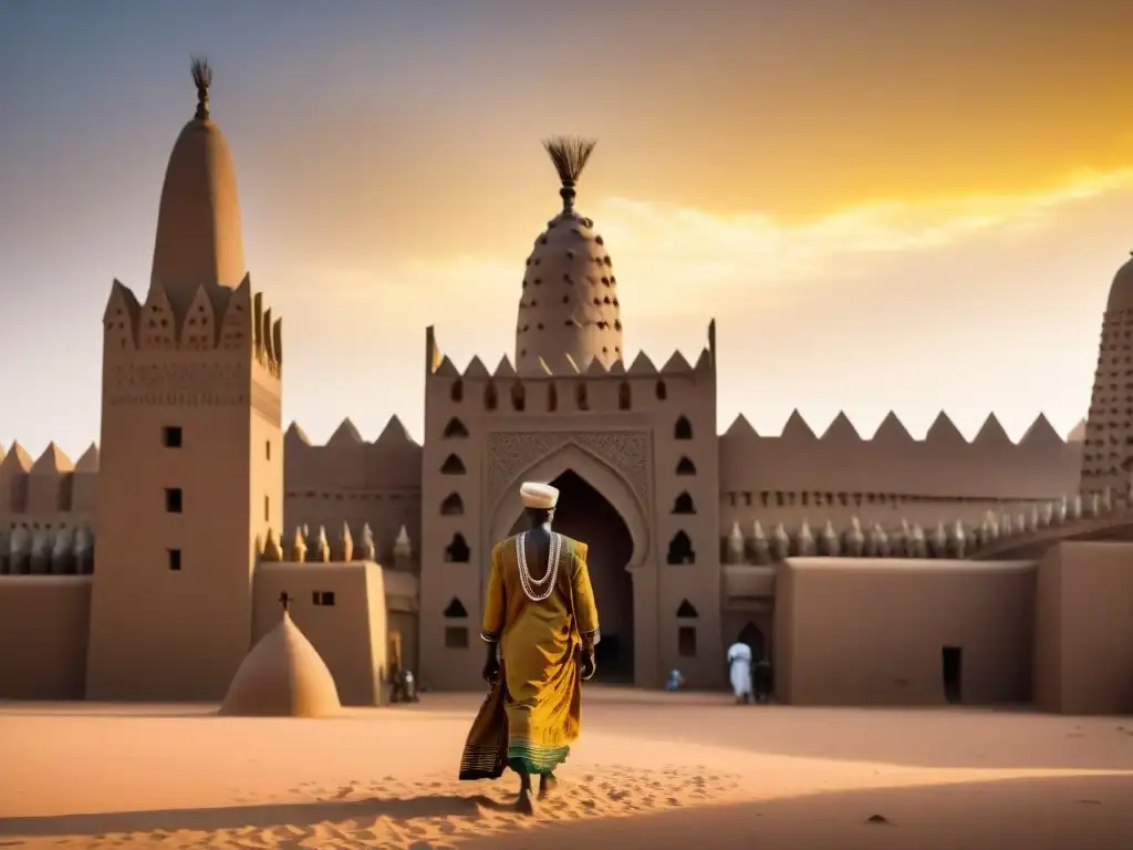 Majestuosa Arquitectura inspirada en África: Gran Mezquita de Djenné al atardecer, con mercado animado en primer plano