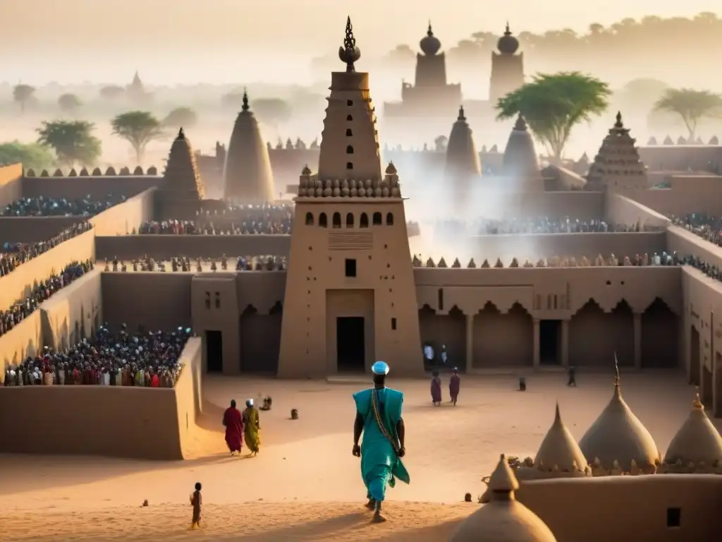 La majestuosa Arquitectura sagrada en civilizaciones africanas, reflejada en la Gran Mezquita de Djenné, rodeada de vida y tradición durante una ceremonia