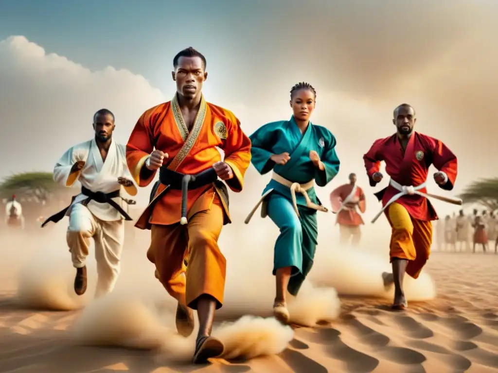 Majestuosa exhibición de artes marciales africanas tradición cultura en un soleado campo polvoriento