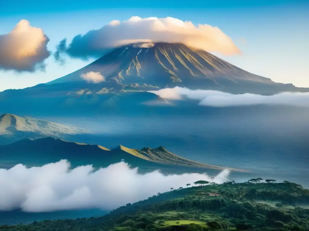 La majestuosa cima nevada del Kilimanjaro rodeada de exuberante vegetación y el vasto paisaje africano