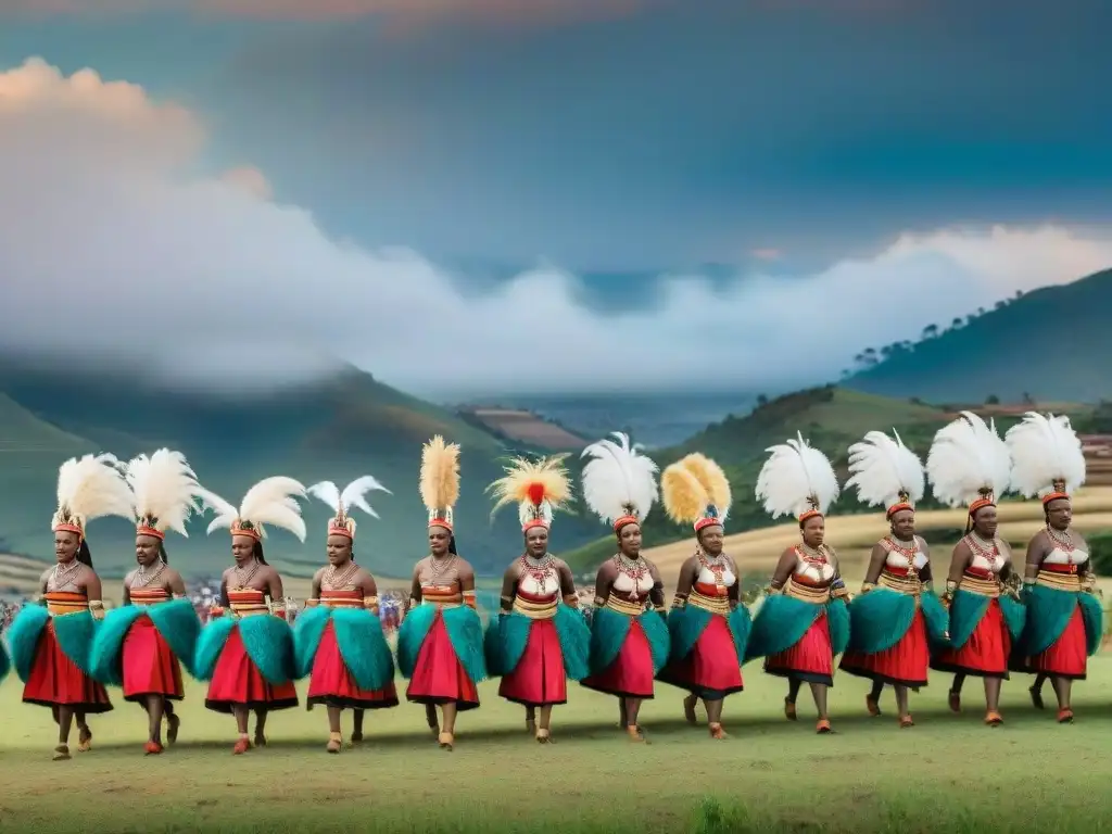 Majestuosa danza de las doncellas de Eswatini con atuendos tradicionales y paisaje de colinas, uniendo historia, independencia, tradición y modernidad