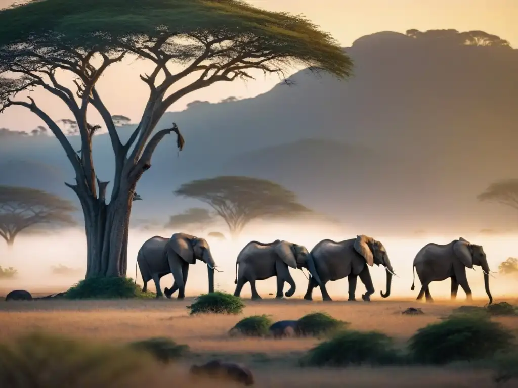 Majestuosa escena de elefantes pastando al amanecer en el Parque Nacional del Serengeti, con árboles Acacia y el sol saliendo