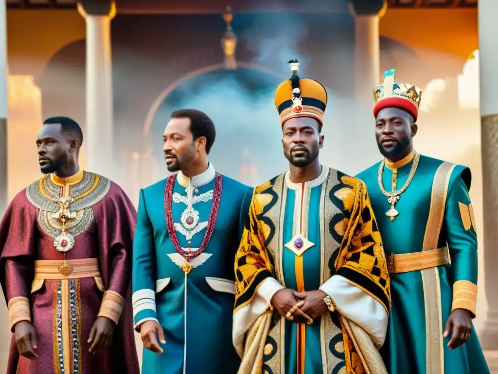 Una majestuosa fila de reyes africanos con textiles reales cortes africanas vestimenta