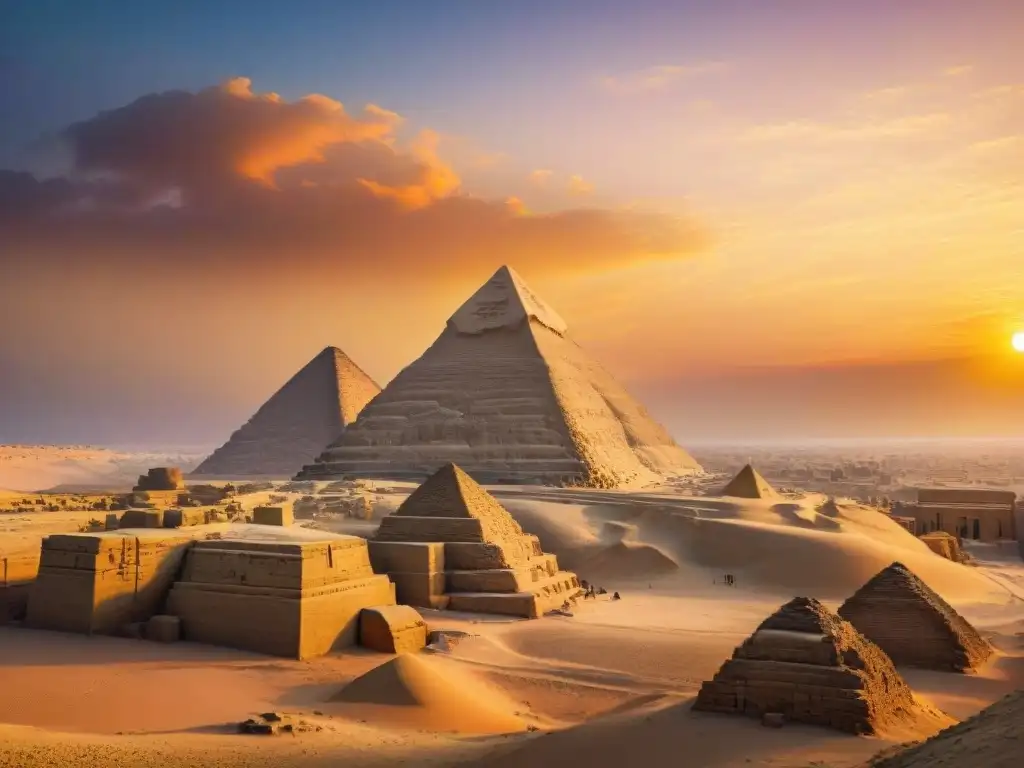 Puesta de sol dorada sobre la Gran Esfinge de Giza La majestuosa esfinge de Giza al atardecer, iluminada por el sol en un cielo lleno de colores