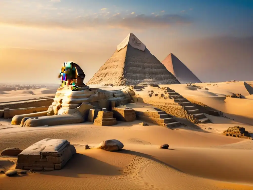 La majestuosa Esfinge de Giza al amanecer, con las pirámides de fondo