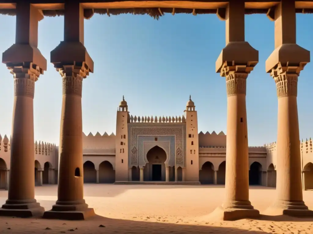 La majestuosa Gran Mezquita de Djenné, destacando su arquitectura de ladrillo de barro con vigas de madera, en el Imperio de Mali legado histórico