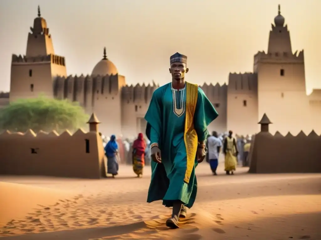 La majestuosa Gran Mezquita de Djenné en Mali, muestra su arquitectura defensiva en África al atardecer