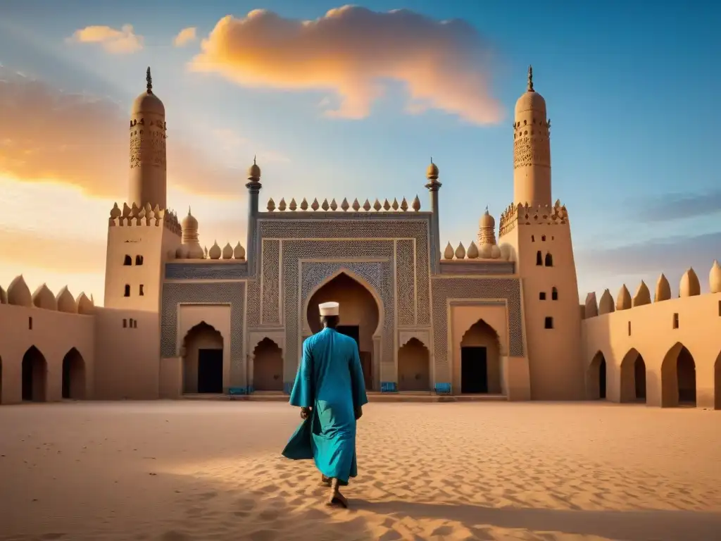 La majestuosa Gran Mezquita de Djenné al atardecer, resaltando su arquitectura de barro y minaretes