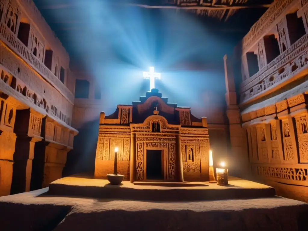 Majestuosa iglesia esculpida en roca de Lalibela, Etiopía, iluminada por velas, con símbolos religiosos