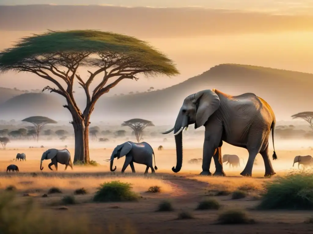 Una majestuosa imagen de la sabana africana al atardecer, con elefantes, jirafas, cebras y antílopes en armonía