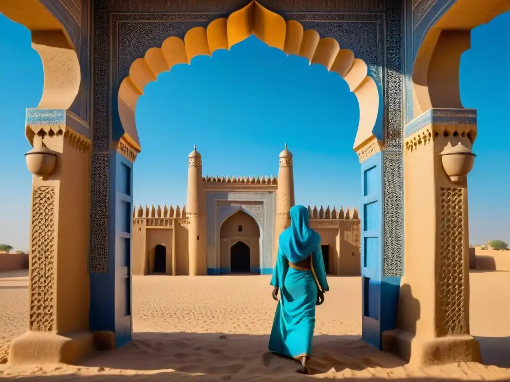 Majestuosa mezquita de Sankore en Timbuktu, Mali, revelando su arquitectura de ladrillo de barro y vigas de madera bajo un cielo azul