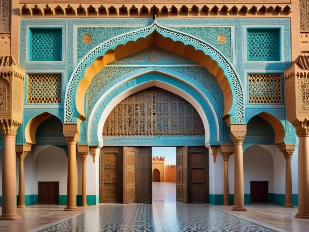 La majestuosa Puerta de Bab Mansour en Meknès, reflejo del Imperio Alauita historia Meknès con sus detalles arquitectónicos y ornamentales