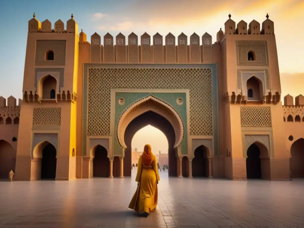 La majestuosa Puerta Bab Mansour en Meknès, reflejo del Imperio Alauita historia Meknès bajo la luz dorada del atardecer