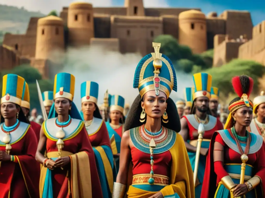 Una majestuosa procesión en el Reino de Axum con guerreros poderosos y reinas regias, destacando los Roles de género en África