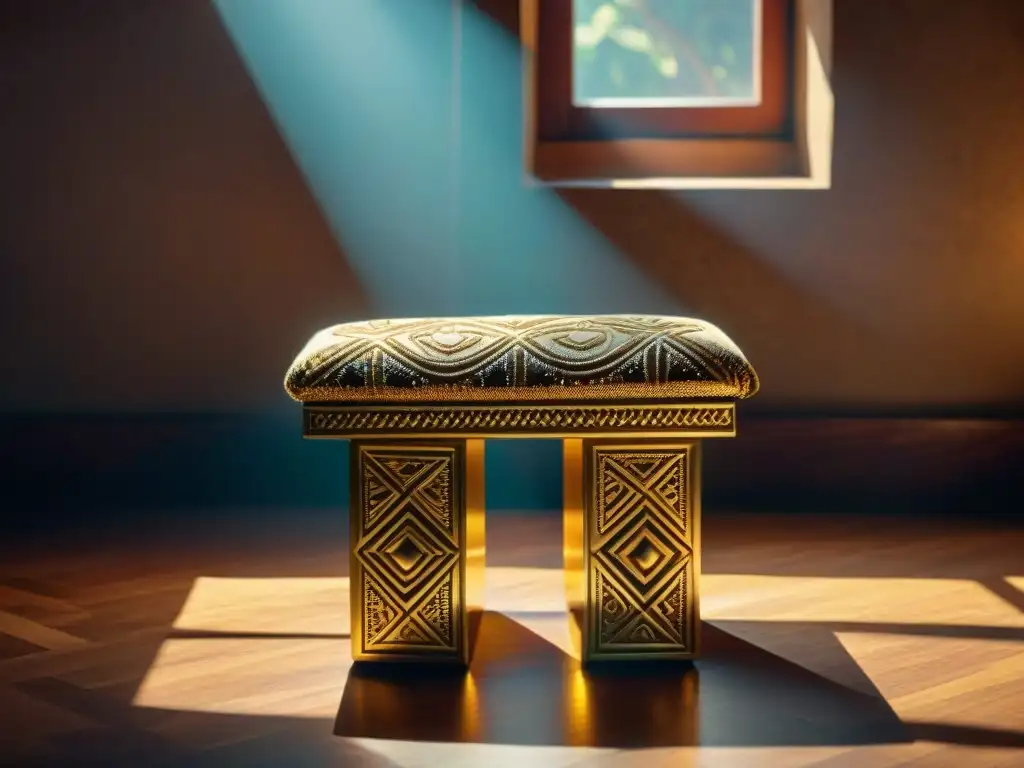 Una majestuosa silla Asante de oro, símbolo de poder y unidad en la cultura ashanti, en una habitación tenue resaltando sus detallados grabados