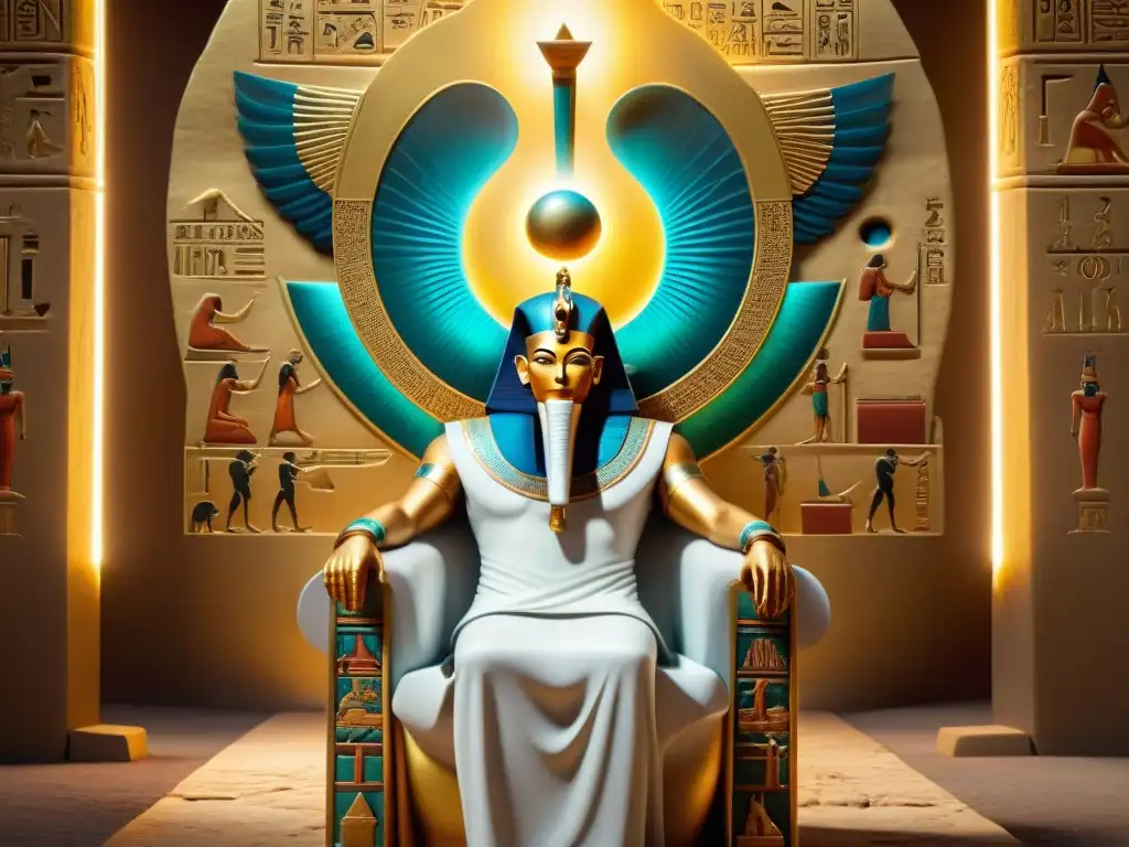 Majestuosa representación de Thoth, dios egipcio con cuerpo humano y cabeza de ibis, rodeado de símbolos de sabiduría