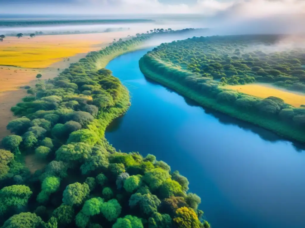 Una majestuosa vista aérea de la vasta sabana africana con un río serpenteante, fauna salvaje y una cascada distante