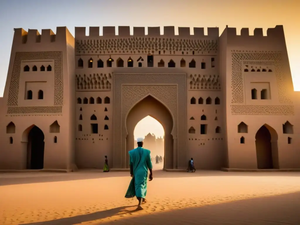 Una majestuosa vista de la Gran Mezquita de Djenné en Mali al atardecer, fusionando el legado del Islam en África