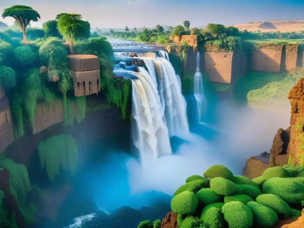 Las majestuosas Cataratas del Nilo Azul en Etiopía y los antiguos templos de Luxor en Egipto, simbolizando la relación entre Etiopía y Egipto