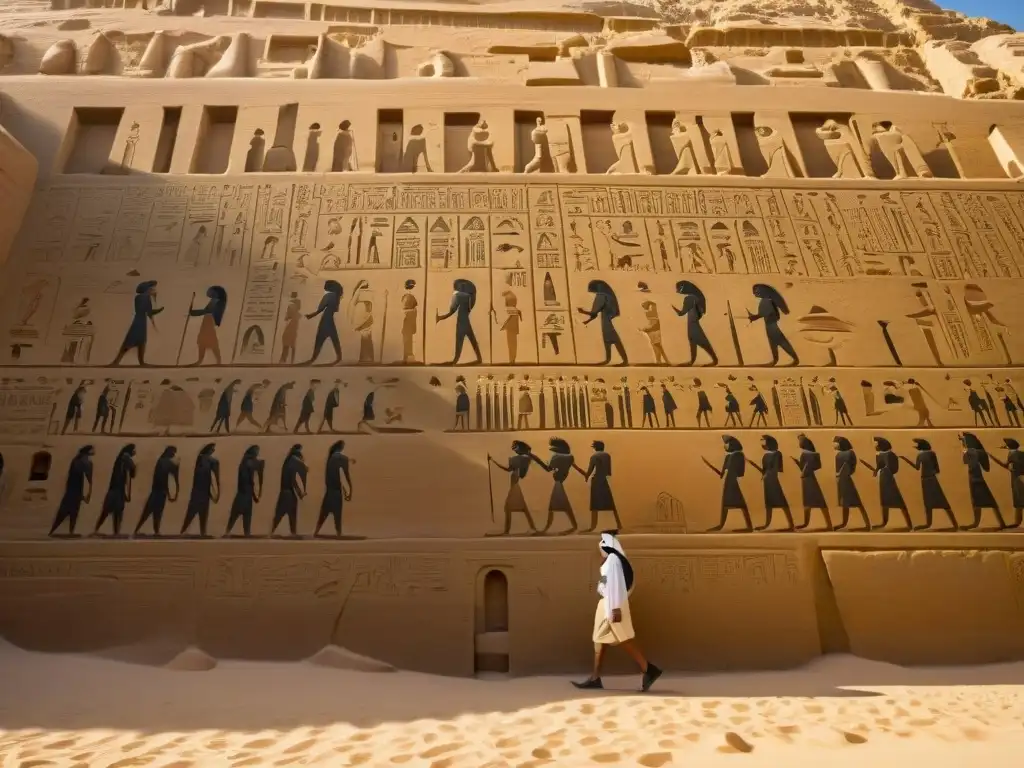 Majestuosas esculturas y jeroglíficos en un templo egipcio antiguo en la Ruta de Peregrinación en África