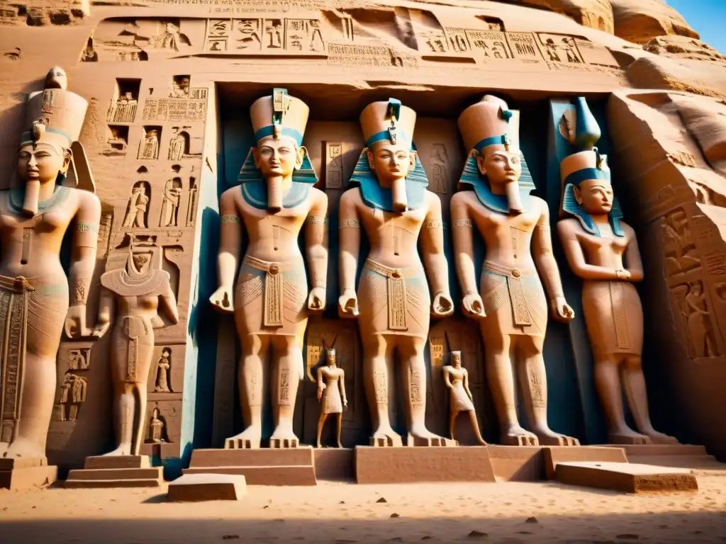 Majestuosas estatuas de la Reina Nefertari en el Templo de Abu Simbel, con hieroglíficos y adornos detallados