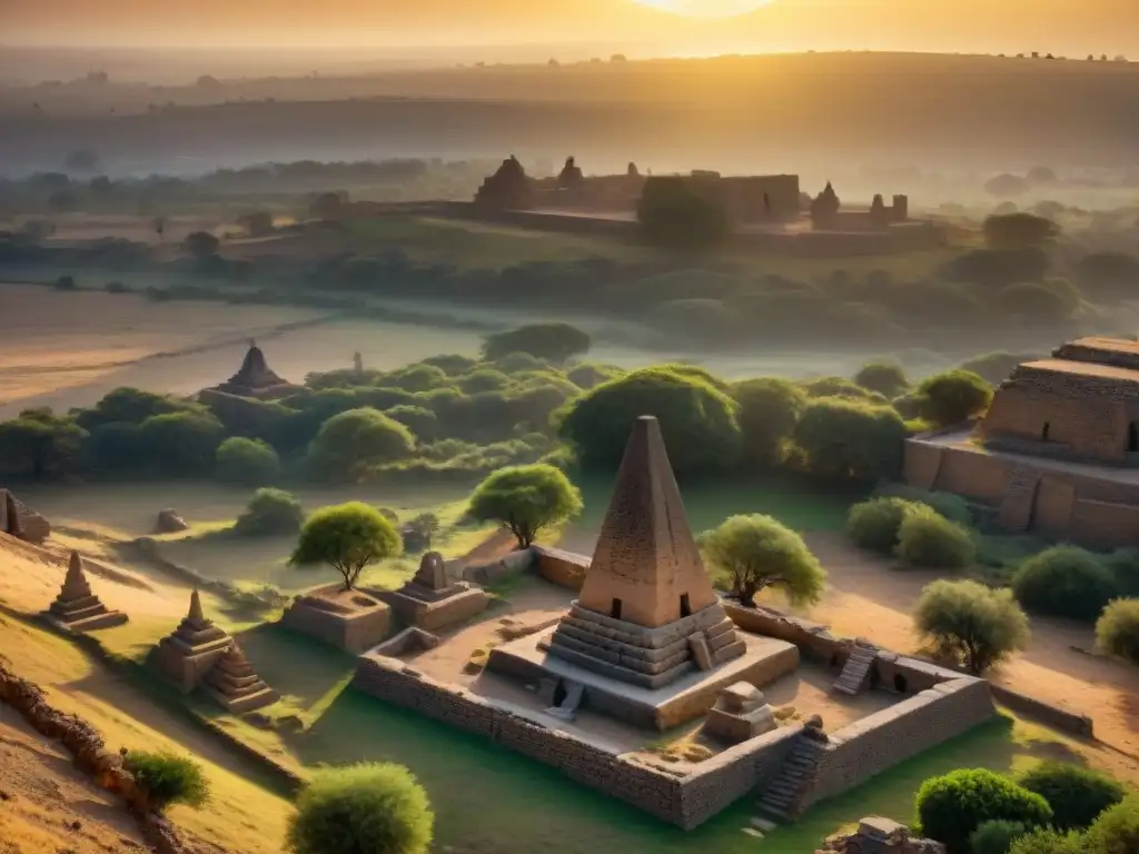 Las majestuosas estelas de Aksum, en un atardecer dorado, proyectan sombras sobre ruinas antiguas