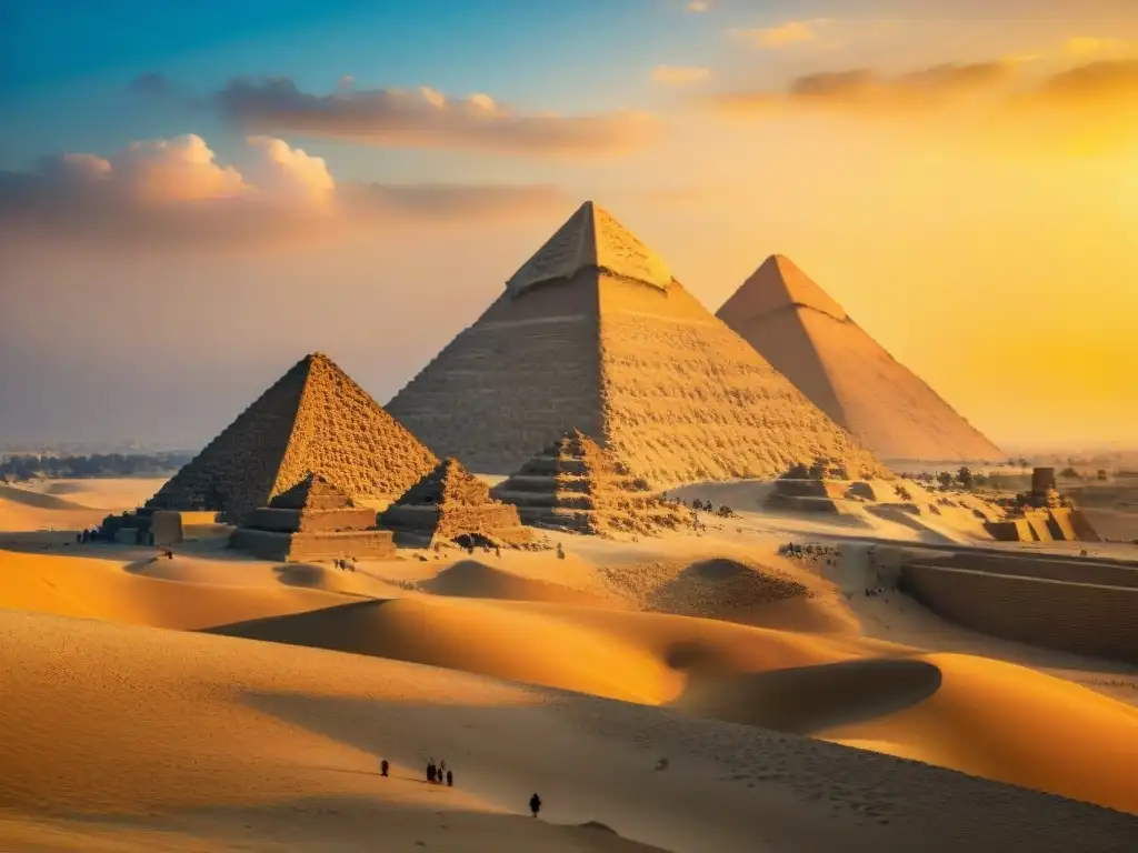 Las majestuosas Pirámides de Giza en la cálida luz dorada del atardecer, un testimonio de la física antigua en África