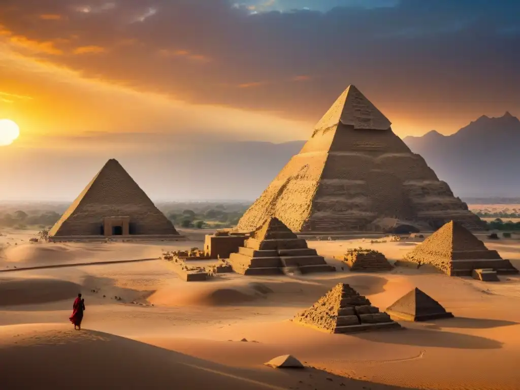 Majestuosas pirámides de Meroe al atardecer en África, reflejando la grandeza de las ciudades legendarias de África