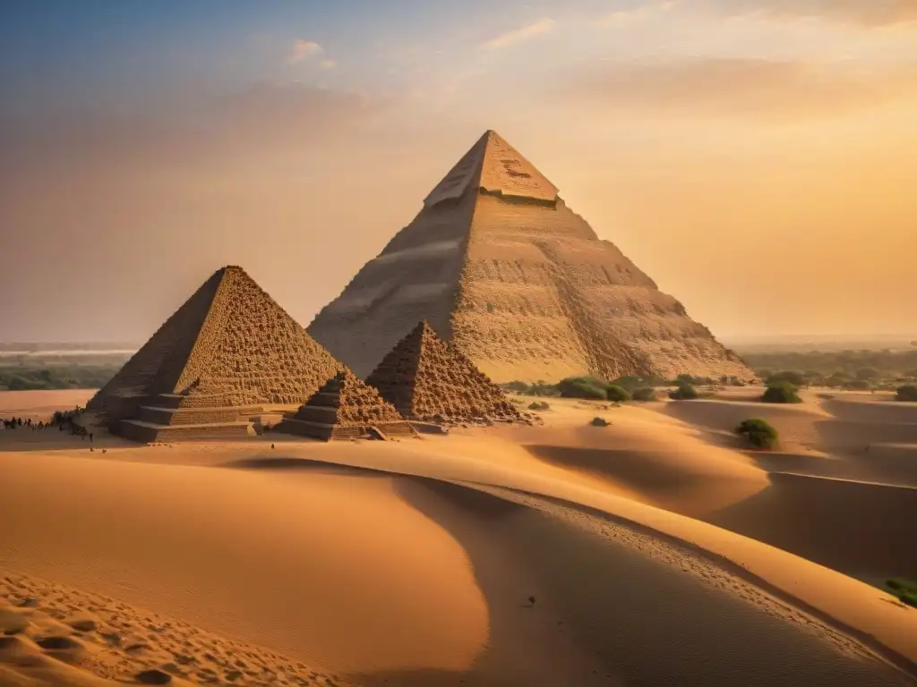 Majestuosas pirámides de Meroe bañadas en la luz dorada del atardecer, reflejadas en el sereno Nilo Azul