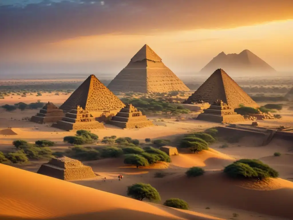 Las majestuosas pirámides de Meroe bajo un vibrante atardecer nubio, testimonio de Civilizaciones africanas influencia global