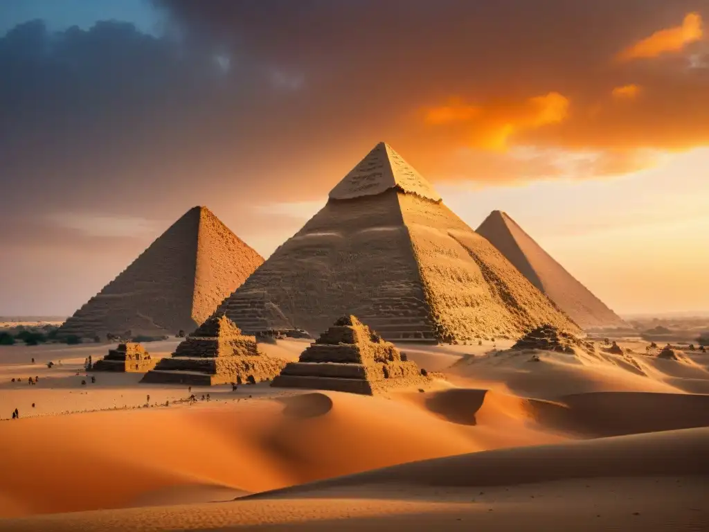 Las majestuosas pirámides de Meroe se erigen en un vibrante atardecer nubio, custodias de la historia y la grandeza de Nubia