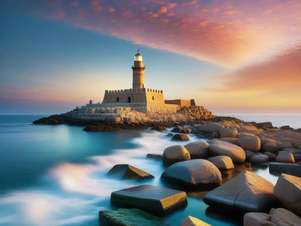 La majestuosidad de la antigua influencia faros de Alejandría iluminando el puerto al atardecer