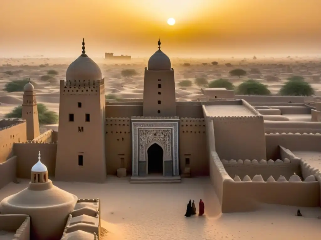 La majestuosidad de las antiguas mezquitas de barro en Timbuktu bajo el cálido resplandor dorado del sol poniente