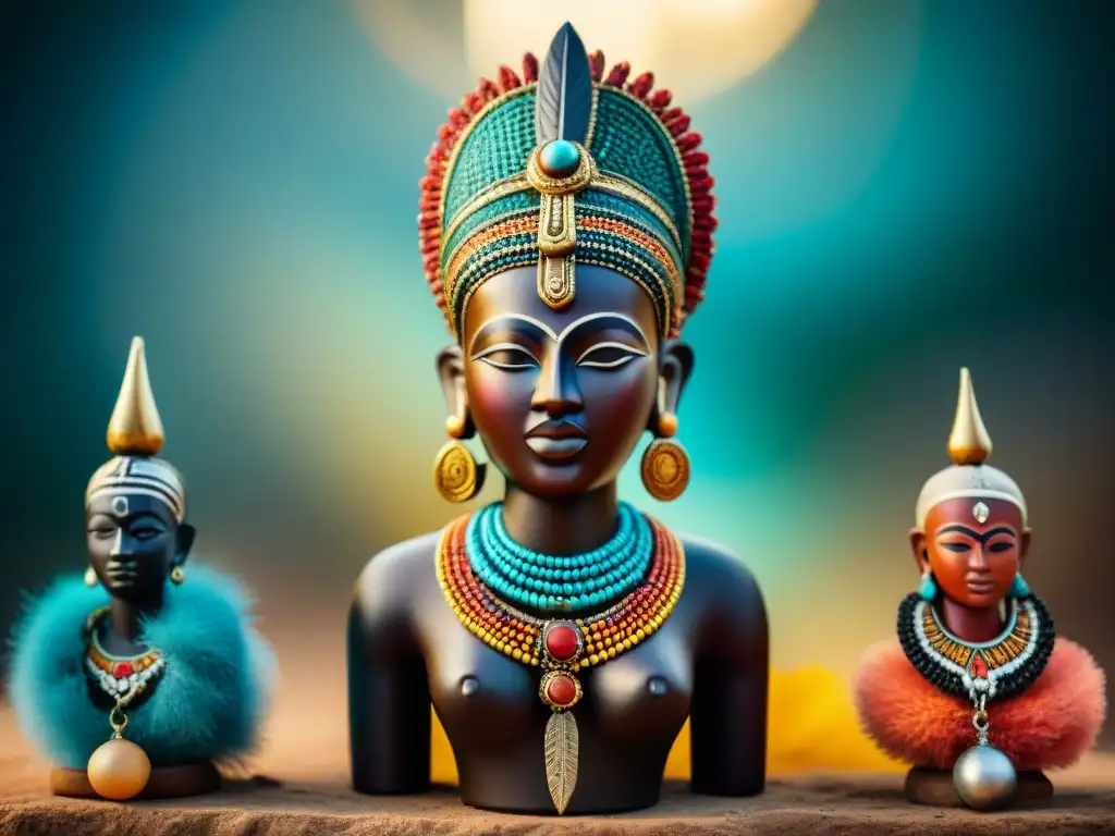 Descubre la majestuosidad de las deidades africanas: estatuas y símbolos religiosos detallados y coloridos