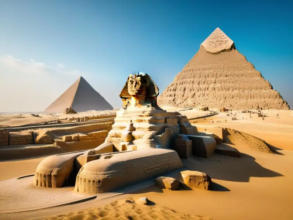 La majestuosidad de la Gran Esfinge de Giza y la Pirámide de Kefrén bajo el cielo azul reflejan la influencia global de las civilizaciones africanas