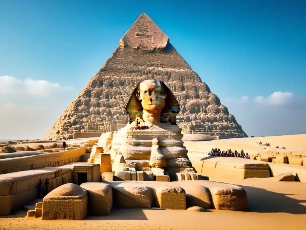 Majestuoso Sphinx de Giza: Misterio y grandeza antigua La majestuosidad del Gran Esfinge de Guiza, con sus detalladas esculturas y misterio, bajo el cielo azul