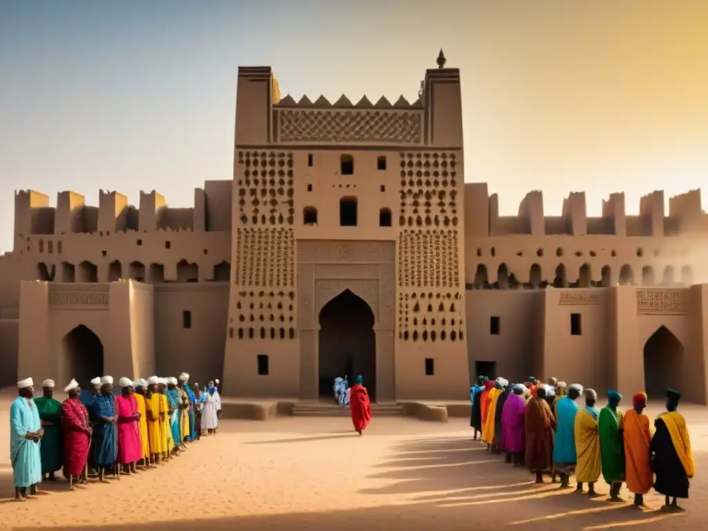 La majestuosidad de la Gran Mezquita de Djenné en Mali, con su arquitectura de barro y vigas de madera, resalta bajo el sol africano