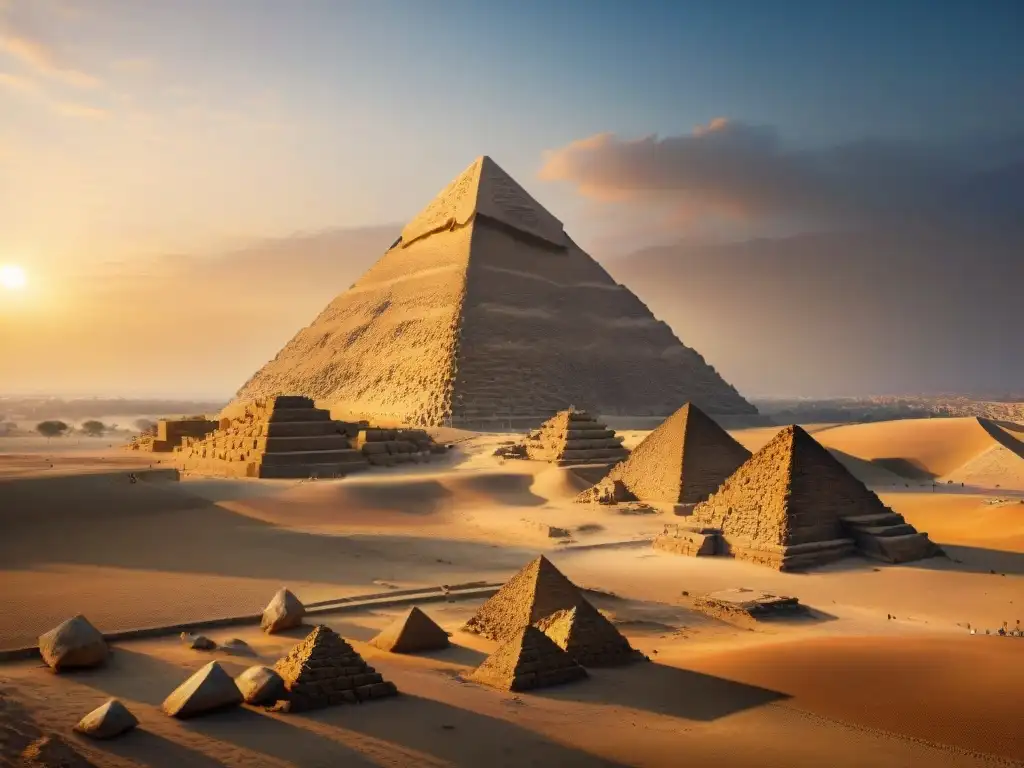 La majestuosidad de la Gran Pirámide de Giza al atardecer, destacando la precisión y belleza de una de las construcciones megalíticas antiguas África