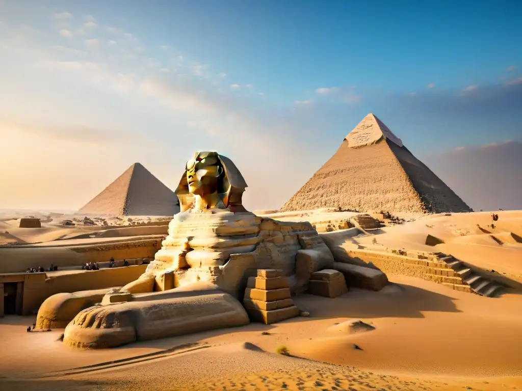 Majestuoso Sphinx y pirámides de Giza: legado egipcio La majestuosidad del Gran Esfinge de Guiza y las pirámides, maravillas del Antiguo Egipto influencia, bajo el cielo azul