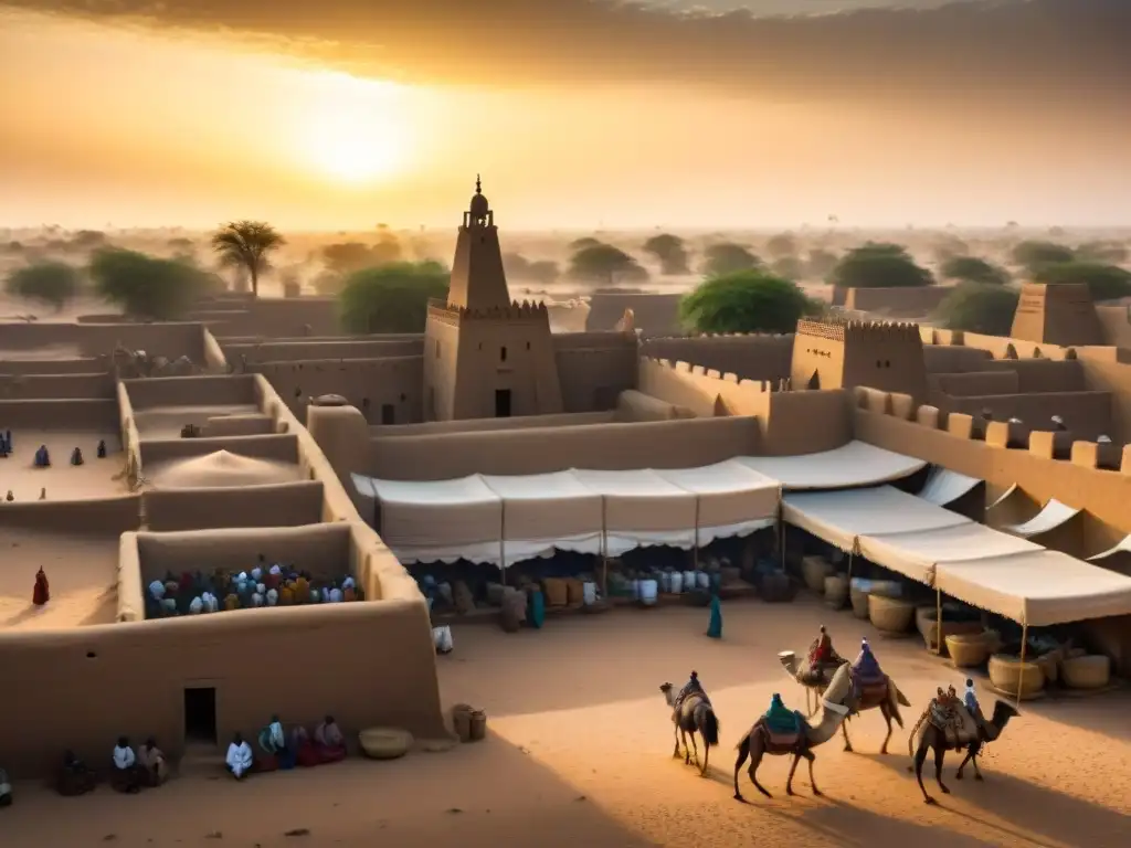 La majestuosidad del Imperio de Mali legado histórico se refleja en la vibrante ciudad de Timbuktu bajo un cálido atardecer sahariano