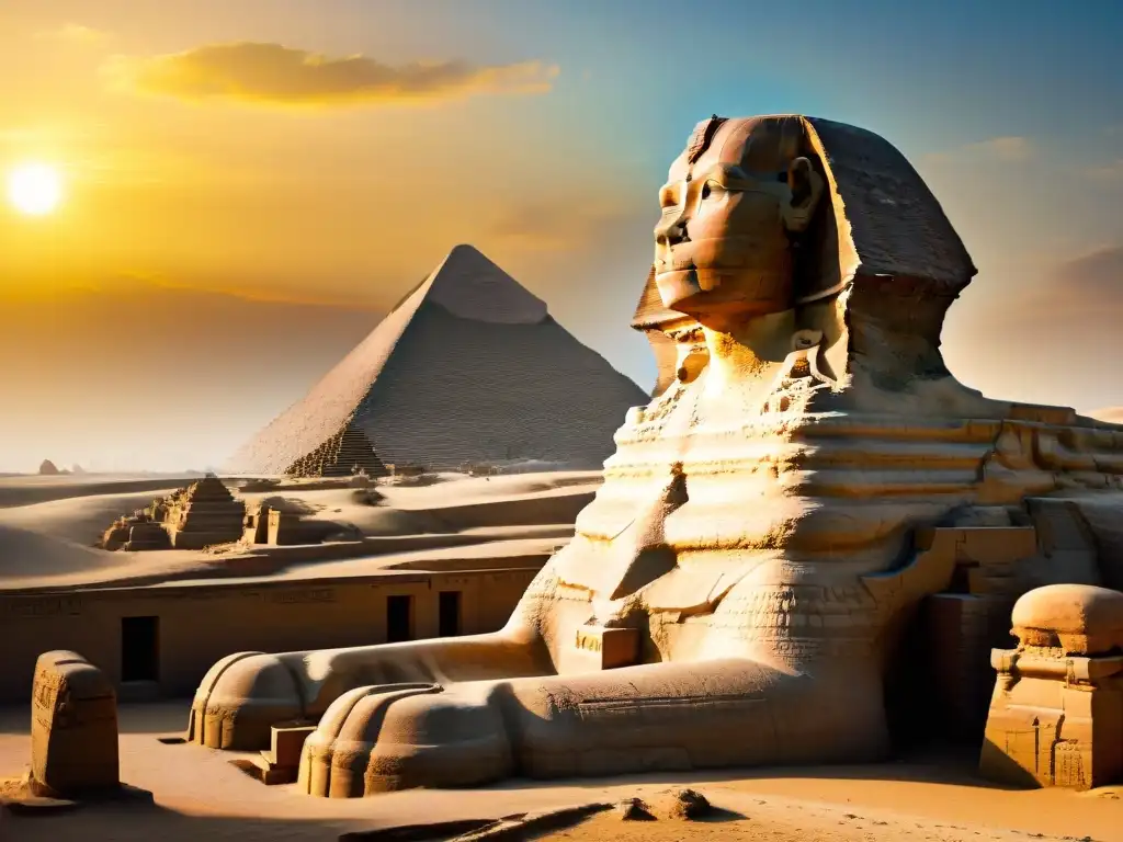 Esplendor del Gran Esfinge de Giza al atardecer La majestuosidad y misterio de la Gran Esfinge de Giza al atardecer, resaltando sus detalles en piedra caliza