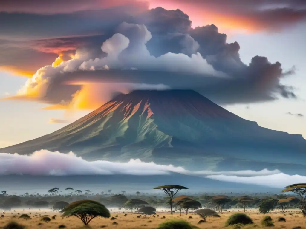 La majestuosidad del Monte Kilimanjaro emerge entre las nubes, bañado por los rayos dorados del sol al atardecer