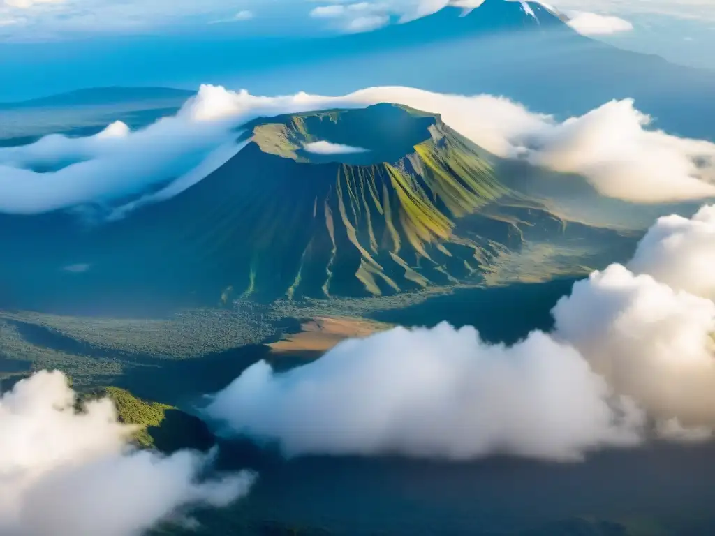 La majestuosidad del Monte Kilimanjaro, con su pico nevado sobresaliendo entre las nubes